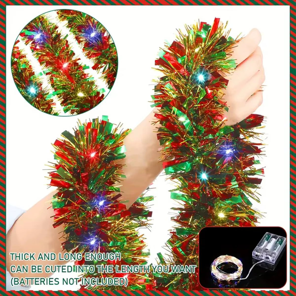 Metallic Christmas Tinsel Garland with LED Lights