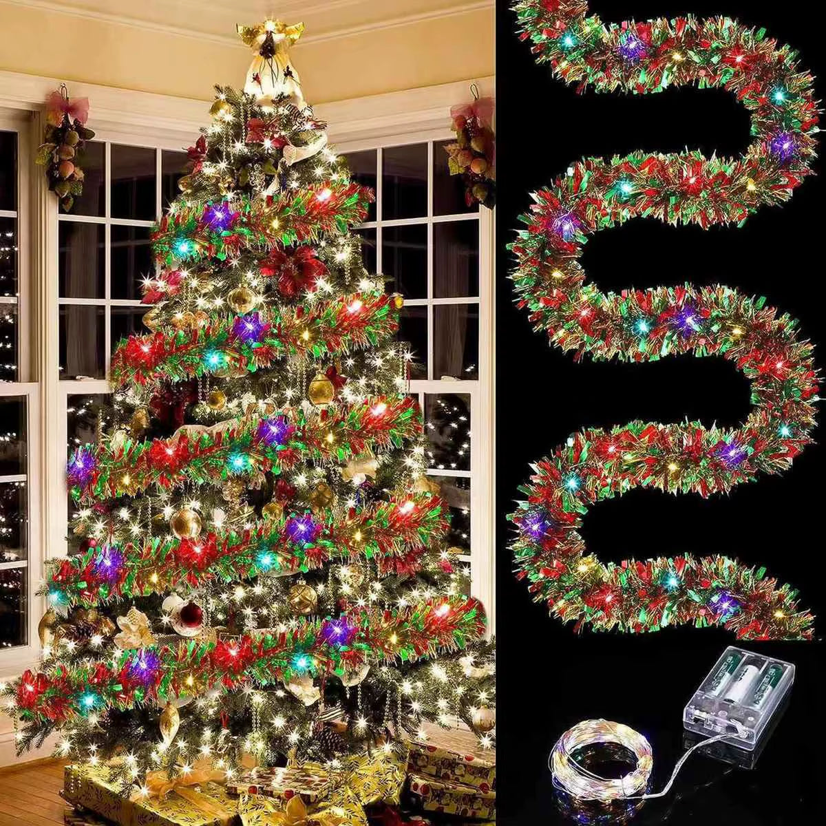 Metallic Christmas Tinsel Garland with LED Lights