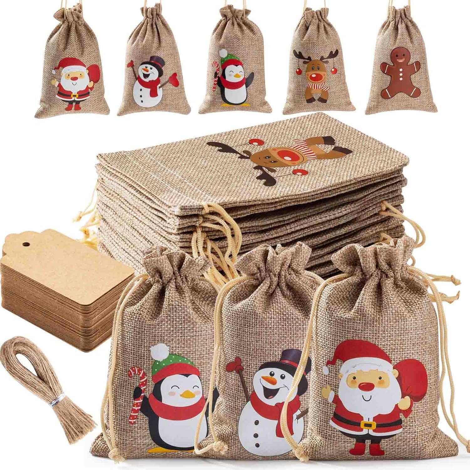 25-Pack Christmas Burlap Drawstring Bags with Tags