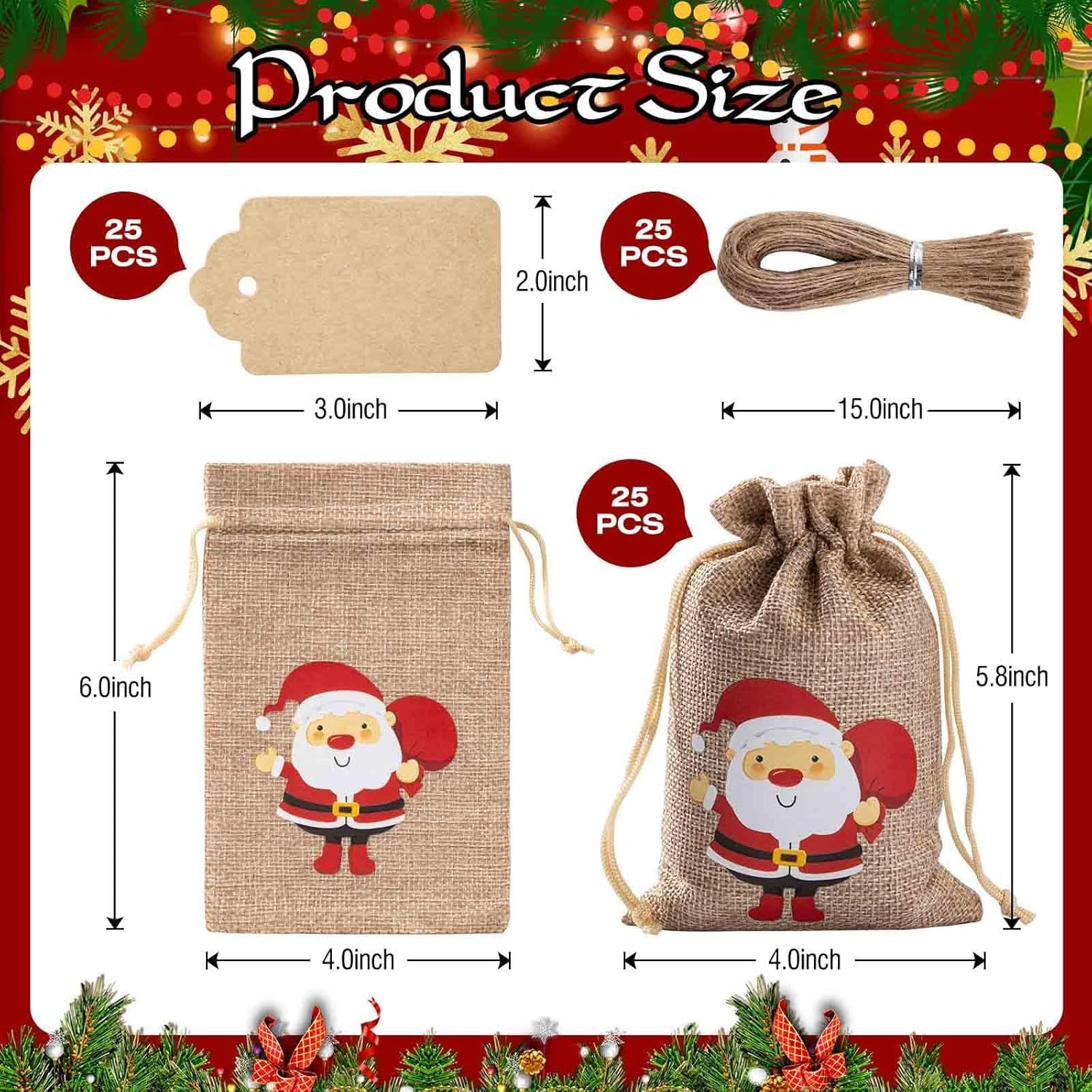 25-Pack Christmas Burlap Drawstring Bags with Tags
