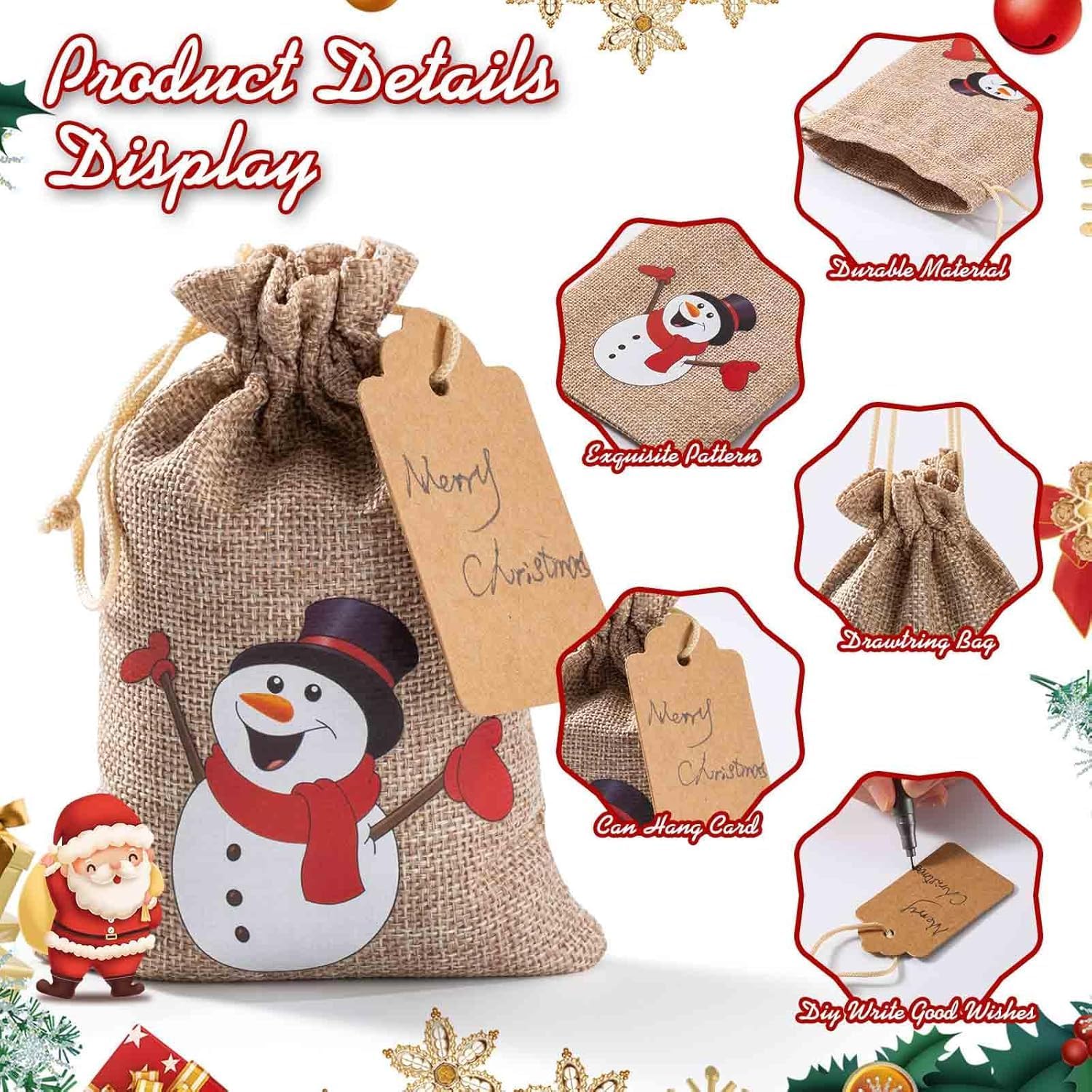 25-Pack Christmas Burlap Drawstring Bags with Tags